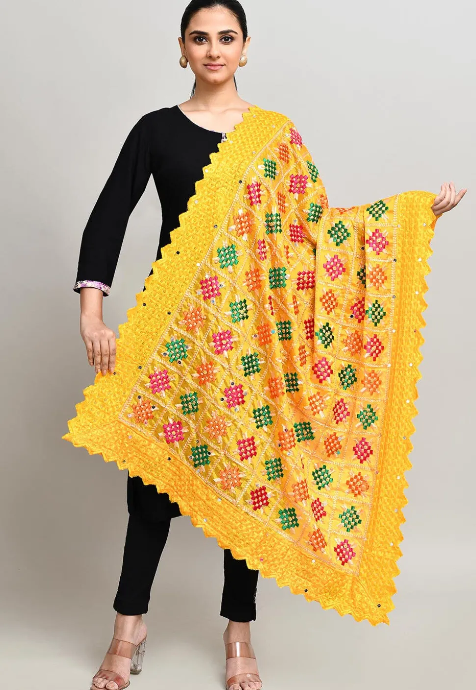 Phulkari Embroidered Cotton Dupatta in Mustard