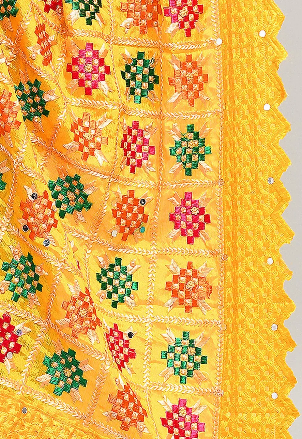 Phulkari Embroidered Cotton Dupatta in Mustard