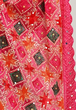 Phulkari Embroidered Cotton Dupatta in Pink