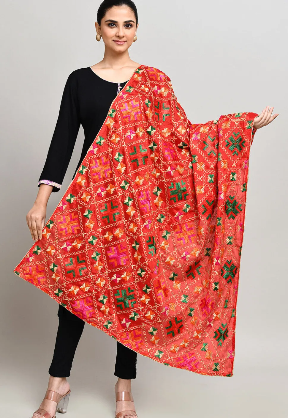 Phulkari Embroidered Cotton Dupatta in Red