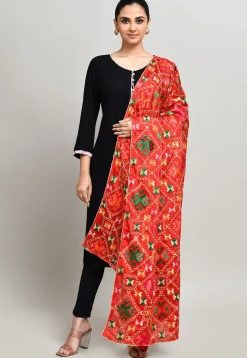 Phulkari Embroidered Cotton Dupatta in Red