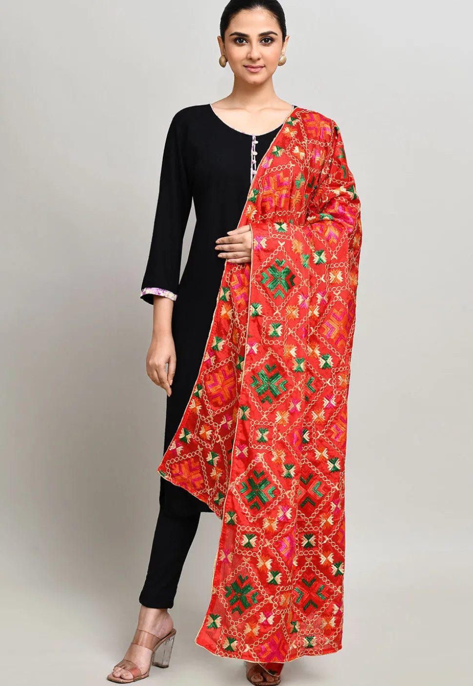 Phulkari Embroidered Cotton Dupatta in Red