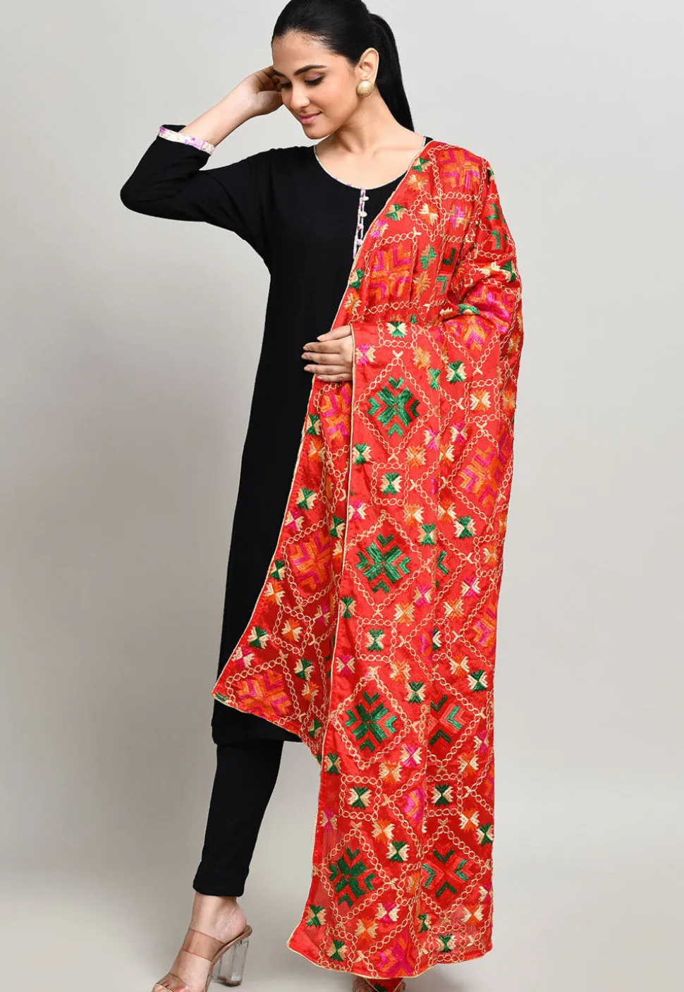 Phulkari Embroidered Cotton Dupatta in Red