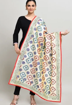 Phulkari Embroidered Cotton Dupatta in Cream