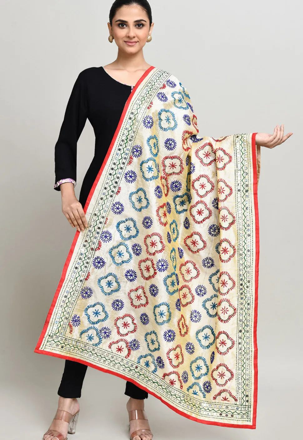Phulkari Embroidered Cotton Dupatta in Cream