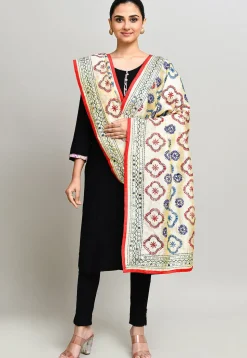 Phulkari Embroidered Cotton Dupatta in Cream