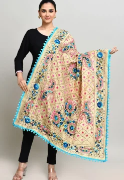 Phulkari Embroidered Cotton Dupatta in Beige