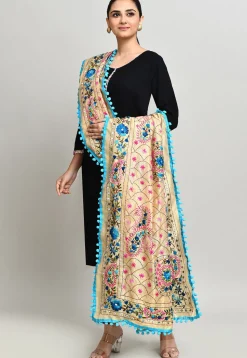 Phulkari Embroidered Cotton Dupatta in Beige