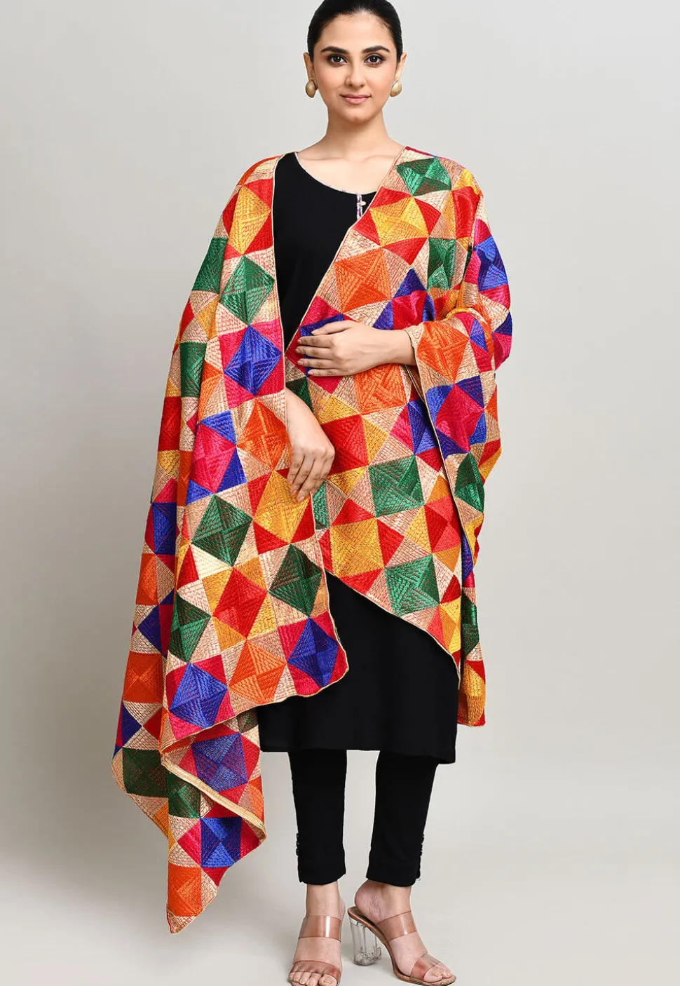 Phulkari Embroidered Cotton Dupatta in Multicolor