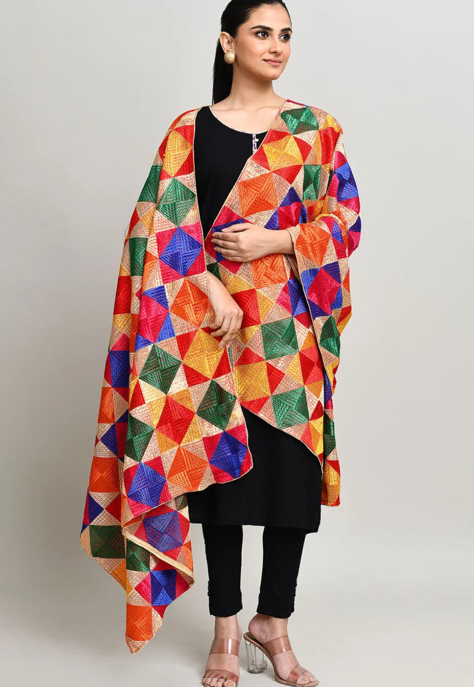 Phulkari Embroidered Cotton Dupatta in Multicolor