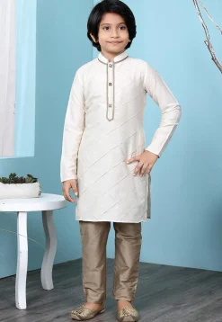 Pintuck Cotton Silk Kurta Set in Cream