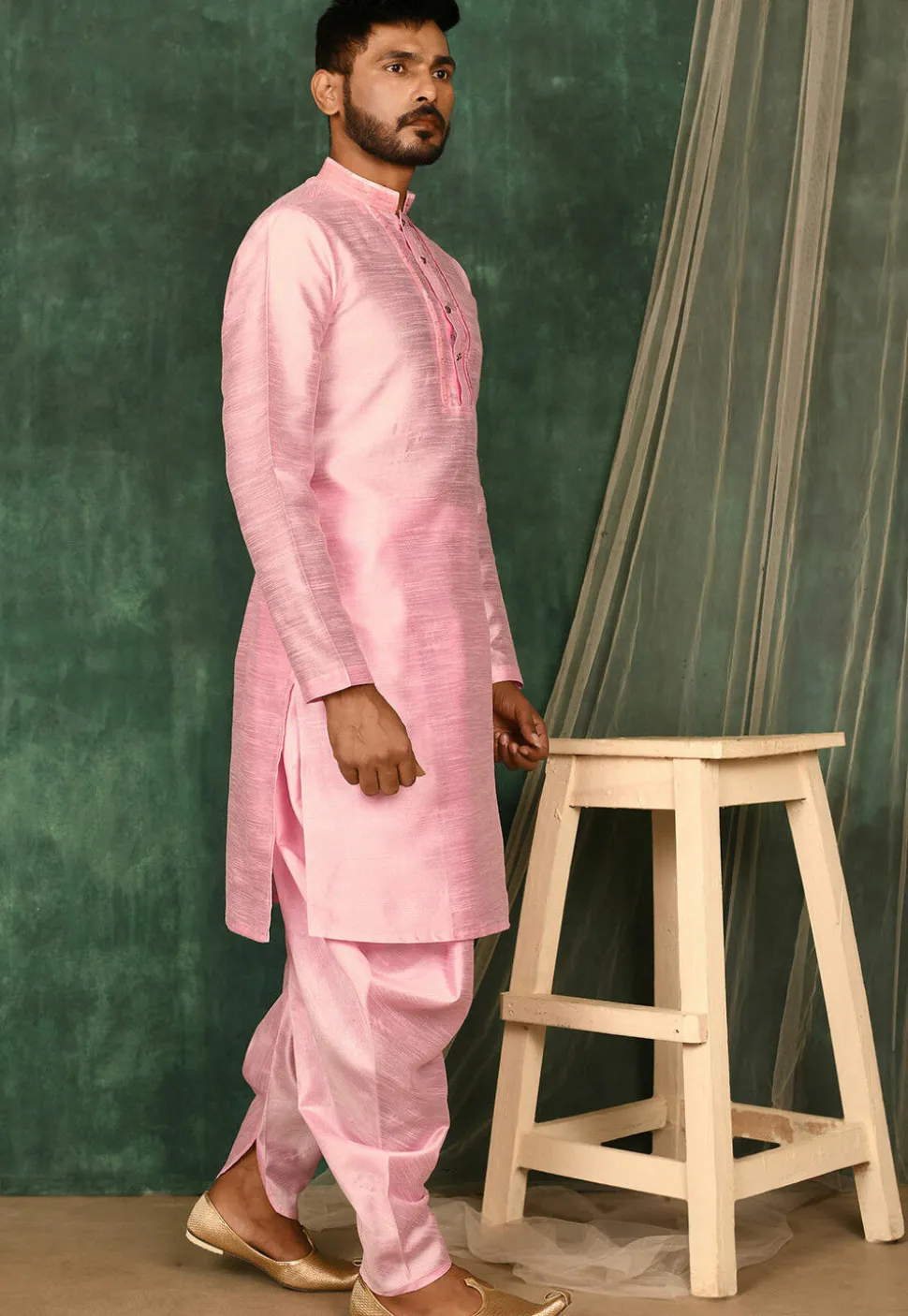 Pintucked Art Silk Dhoti Kurta in Pink
