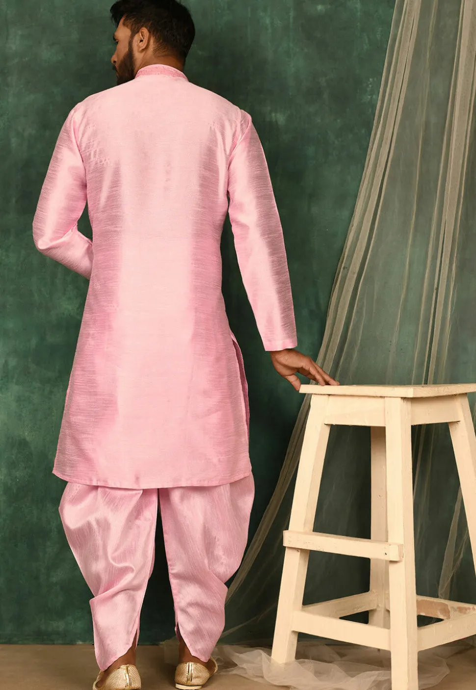 Pintucked Art Silk Dhoti Kurta in Pink