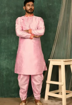 Pintucked Art Silk Dhoti Kurta in Pink