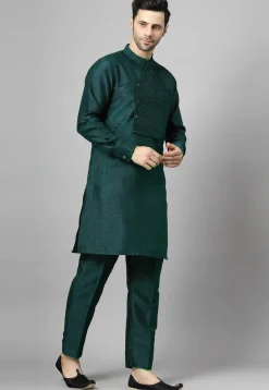 Pintucked Art Silk Kurta Set in Dark Teal Green