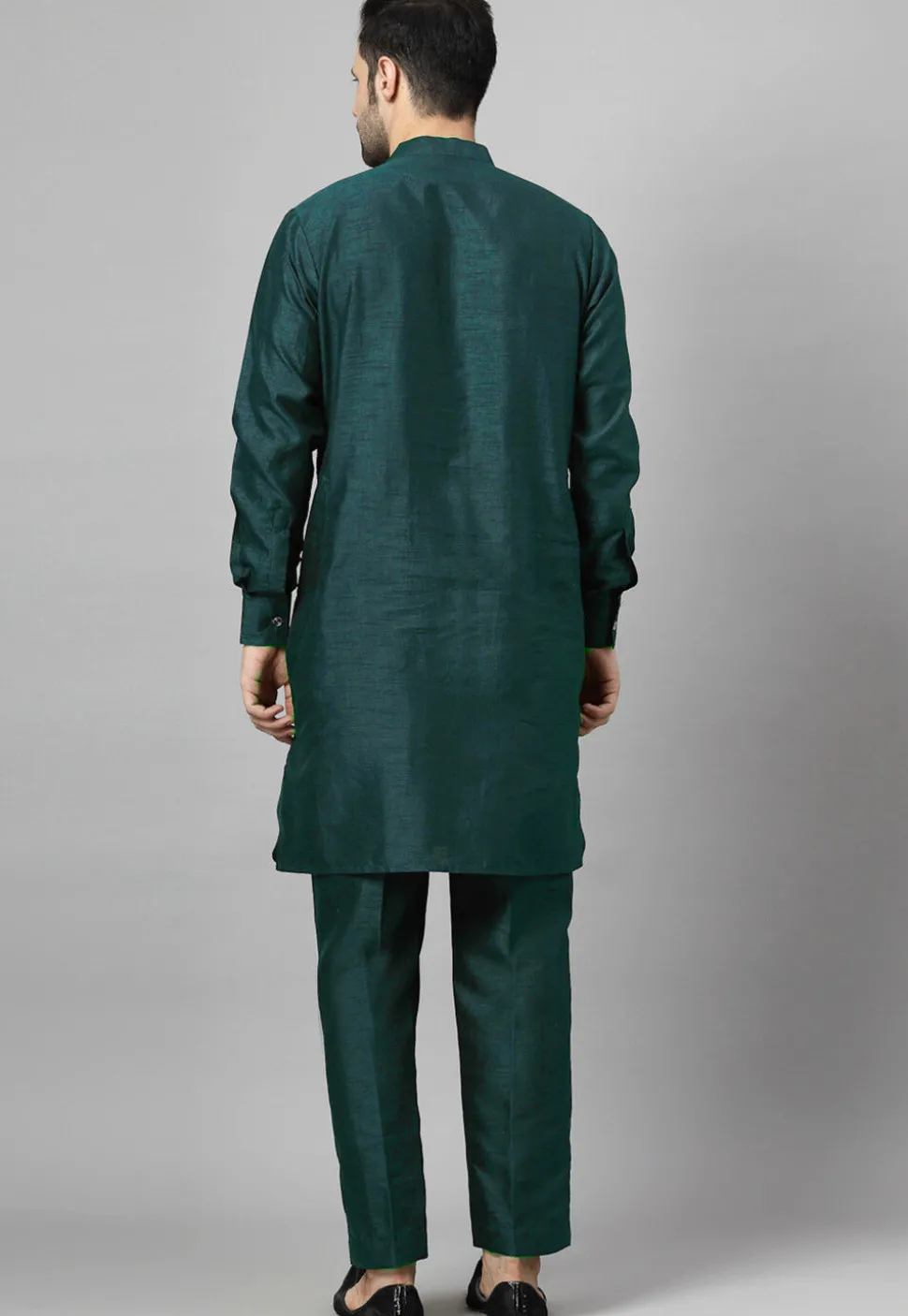 Pintucked Art Silk Kurta Set in Dark Teal Green
