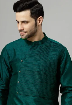 Pintucked Art Silk Kurta Set in Dark Teal Green