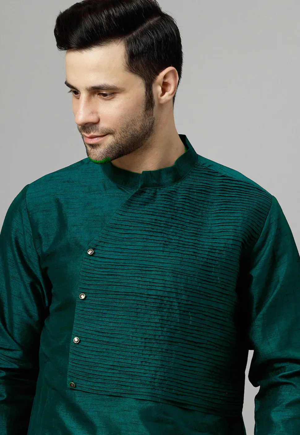Pintucked Art Silk Kurta Set in Dark Teal Green