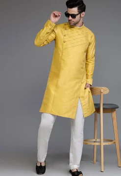 Pintucked Art Silk Kurta Set in Mustard