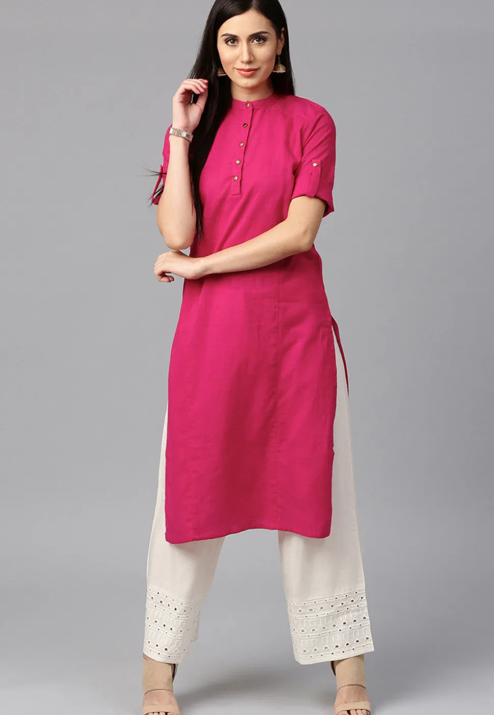 Pintucked Cotton Flex Kurta in Pink