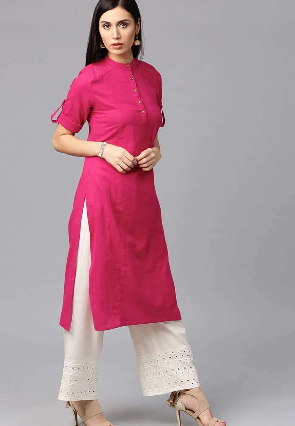 Pintucked Cotton Flex Kurta in Pink