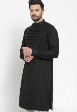 Pintucked Cotton Kurta in Black