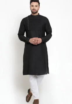 Pintucked Cotton Kurta Set in Black