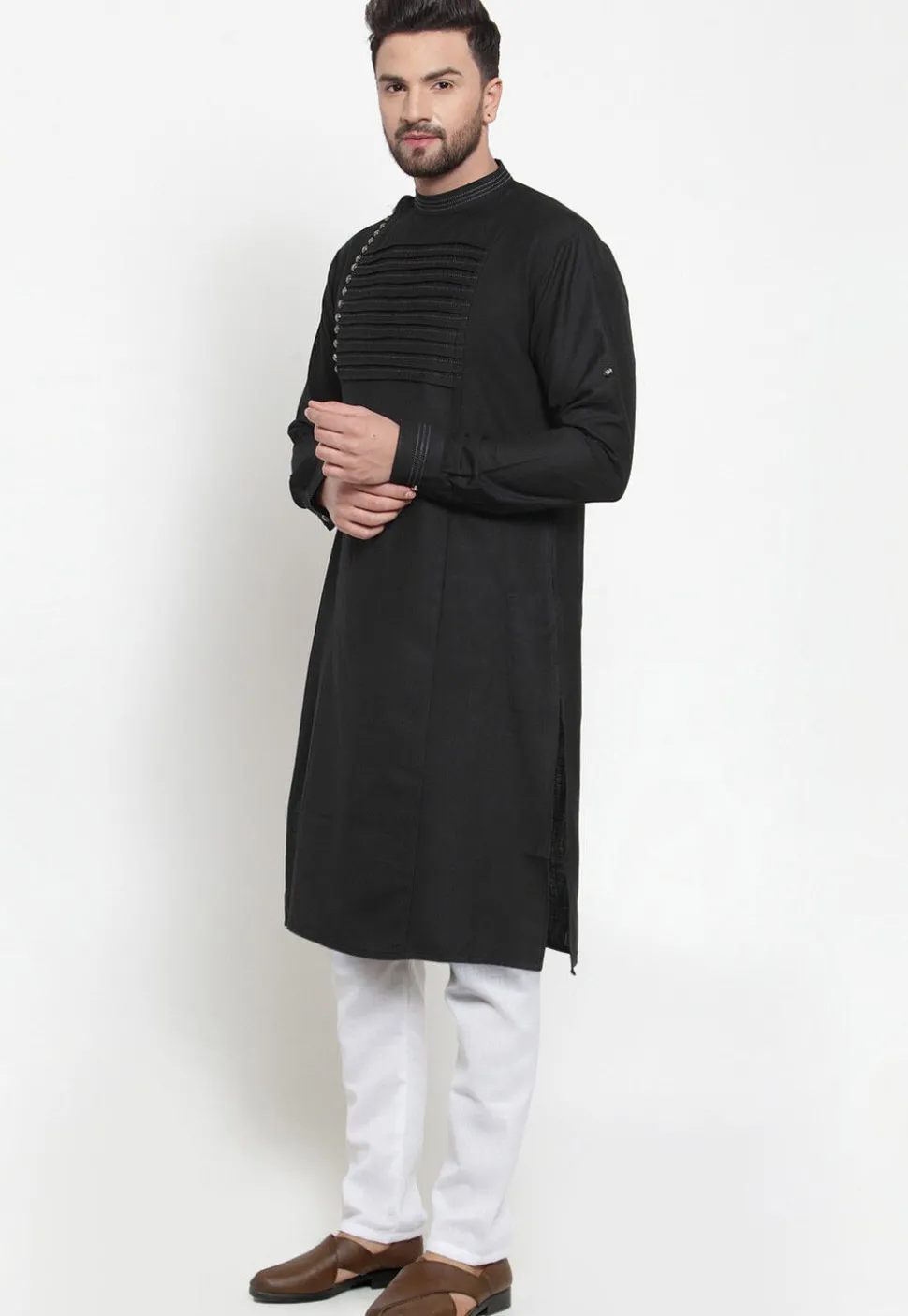 Pintucked Cotton Kurta Set in Black