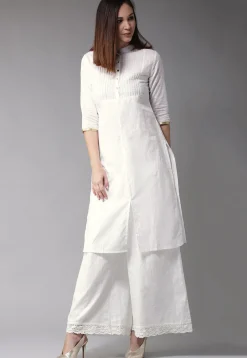 Pintucked Cotton Straight Kurta in White