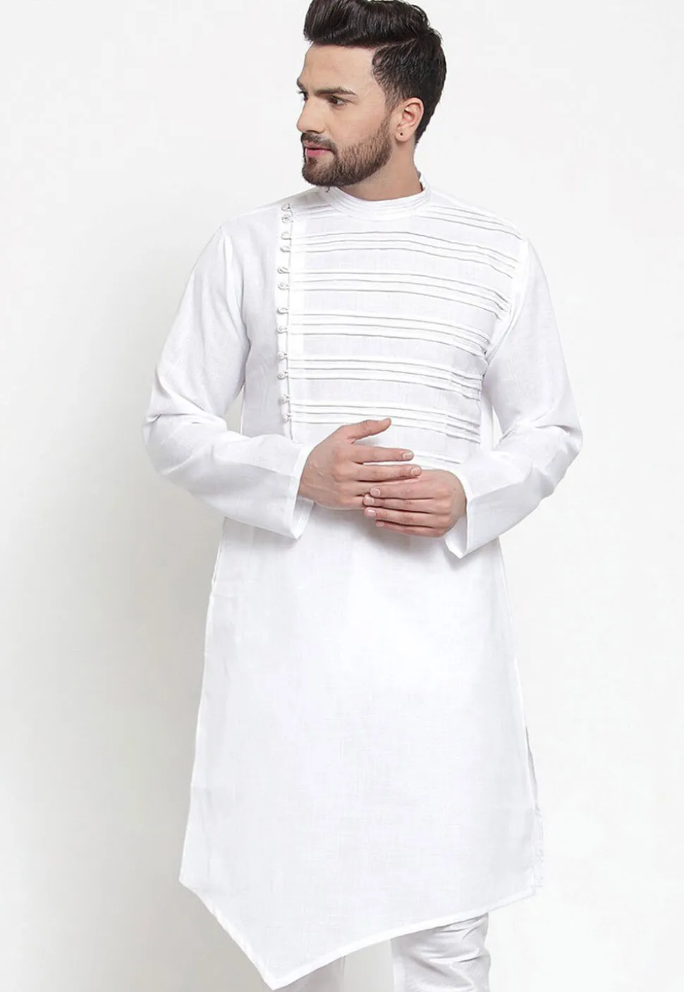 Pintucked Dupion Silk Kurta in White