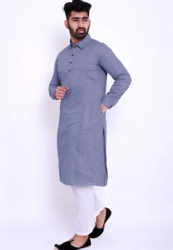 Pintucked Linen Cotton Kurta Set in Indigo Blue