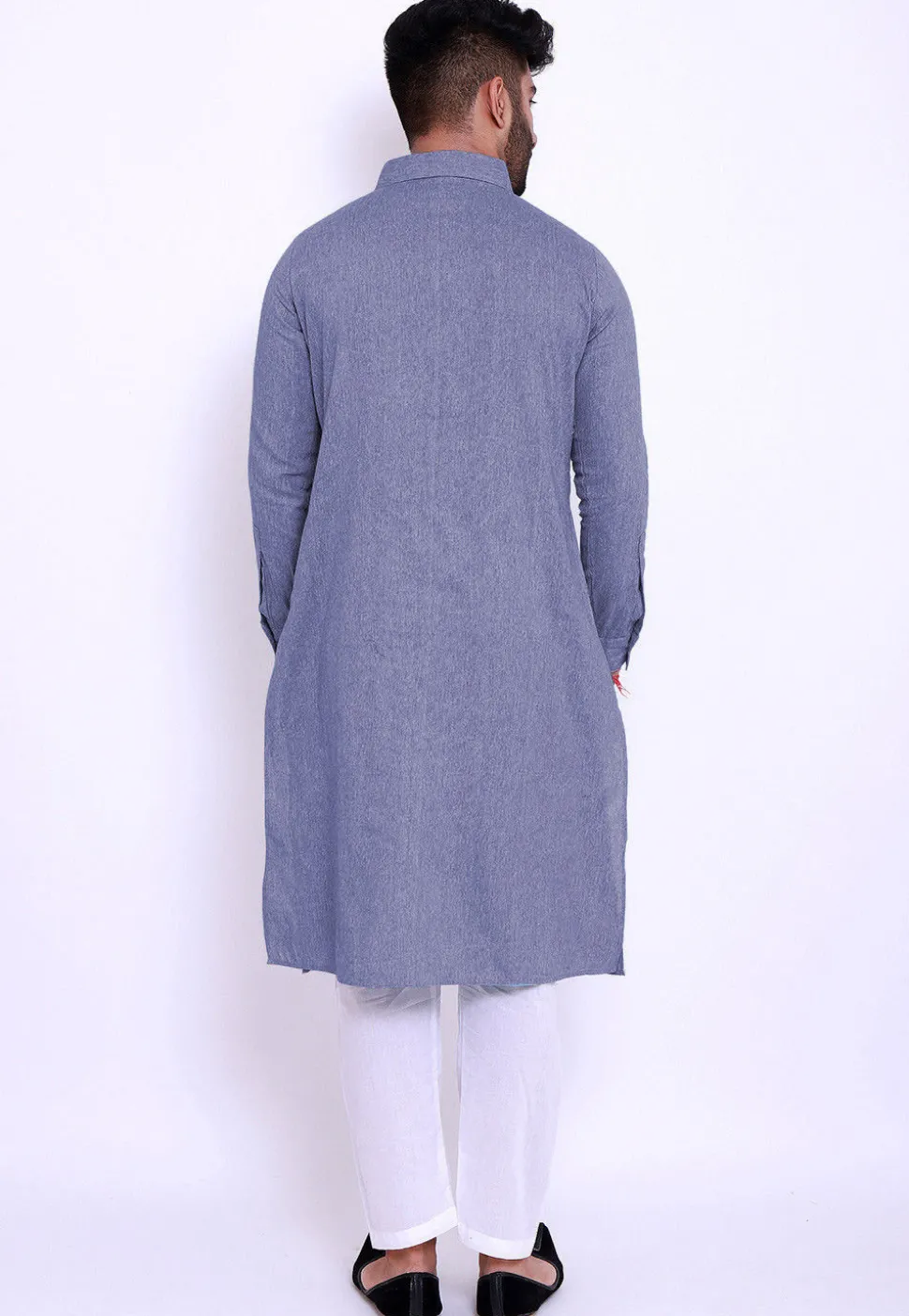 Pintucked Linen Cotton Kurta Set in Indigo Blue