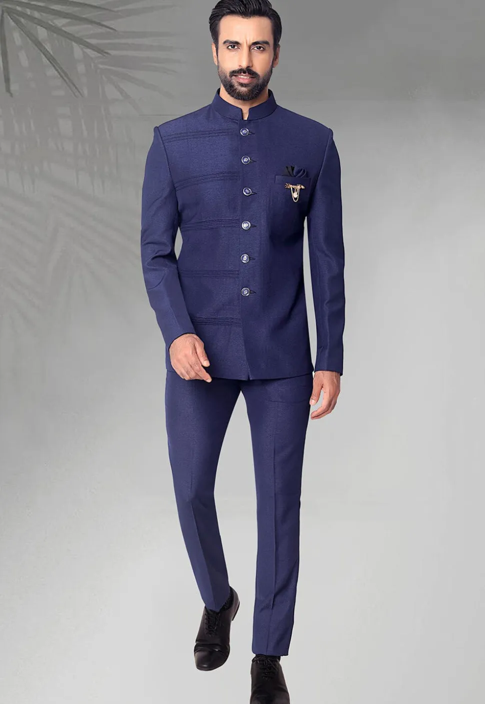 Pintucked Terry Rayon Jodhpuri Suit in Navy Blue