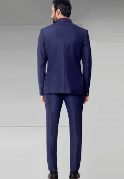 Pintucked Terry Rayon Jodhpuri Suit in Navy Blue
