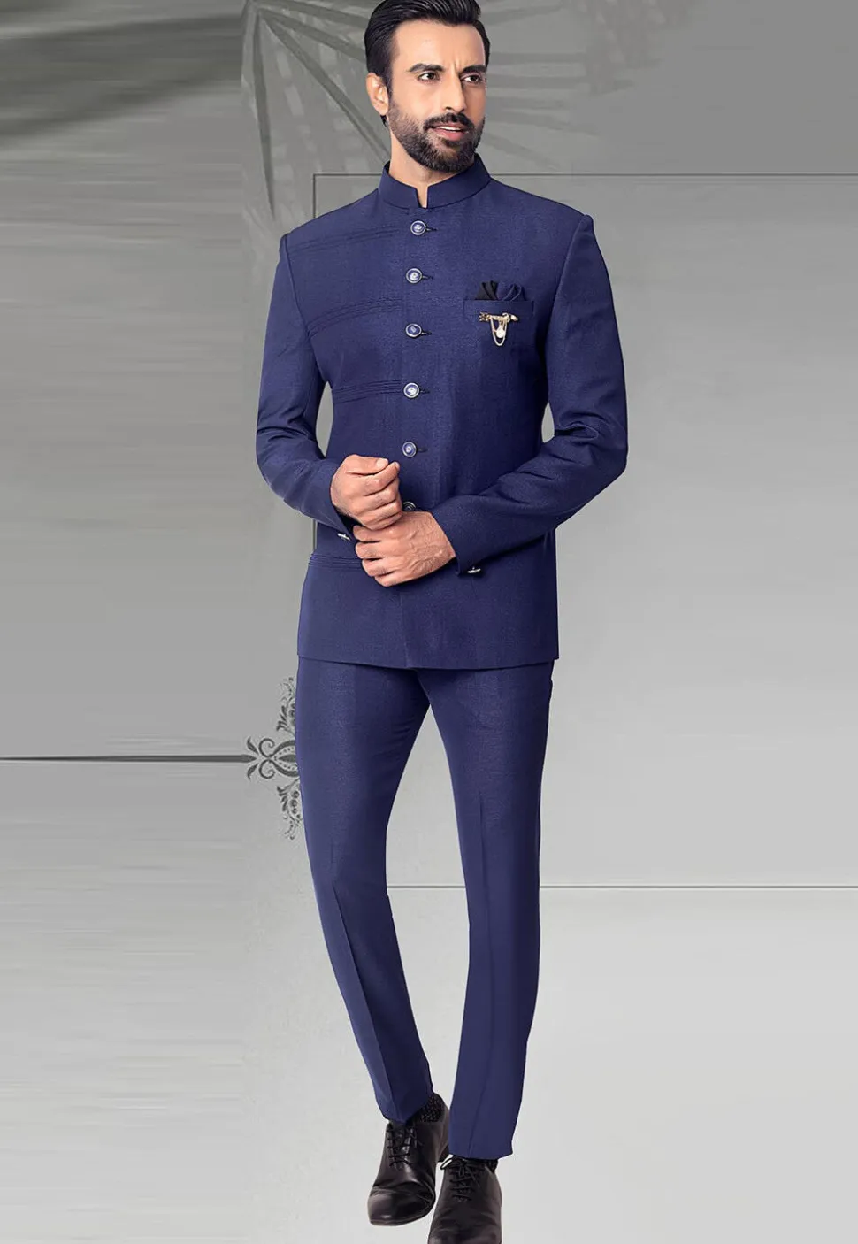 Pintucked Terry Rayon Jodhpuri Jacket in Navy Blue