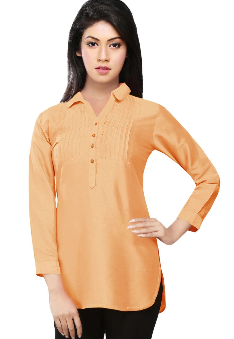 Pintucks Art Silk Kurti in Light Peach