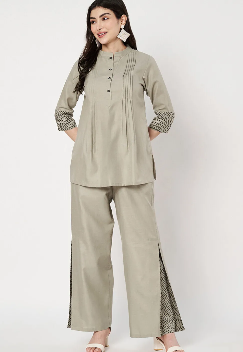 Pintucks Cotton Co Ord Set in Light Grey