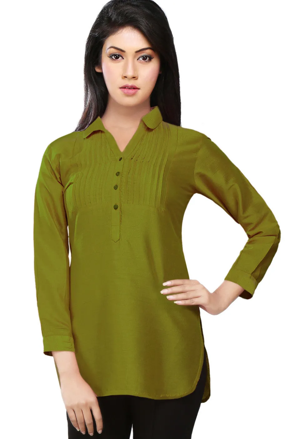 Pintucks Cotton Silk Kurti in Olive Green