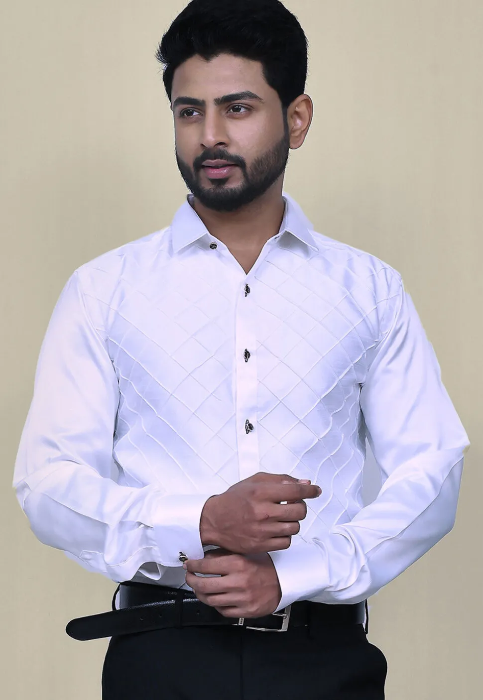 Pintucks Cotton Silk Shirt in White