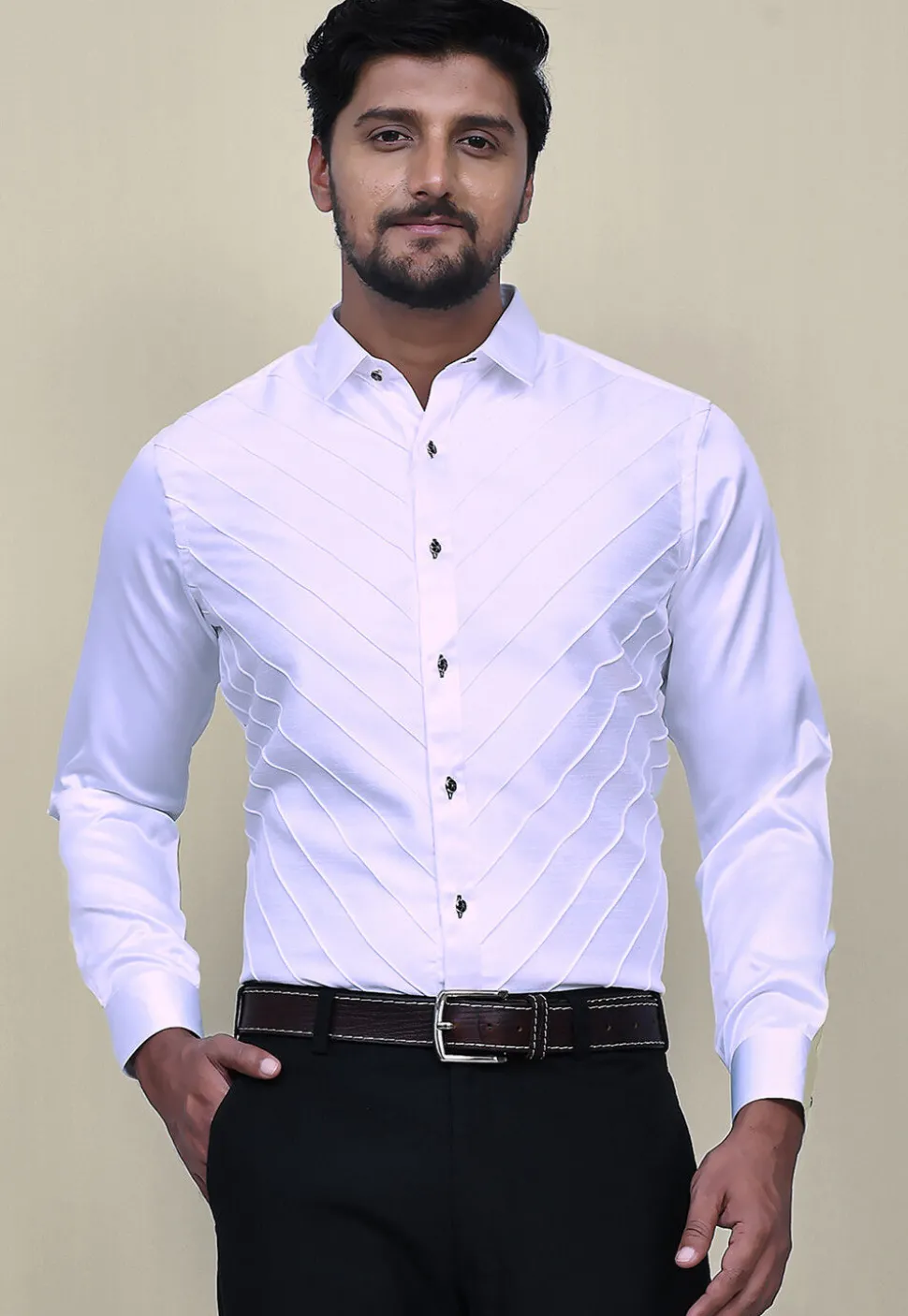 Pintucks Cotton Silk Shirt in White