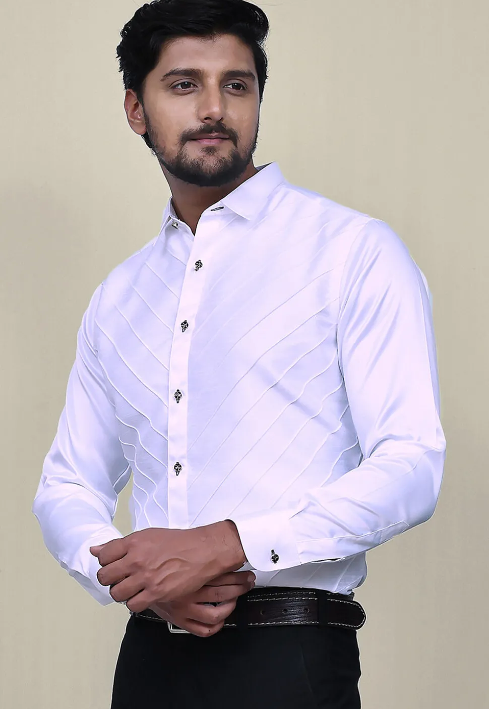 Pintucks Cotton Silk Shirt in White