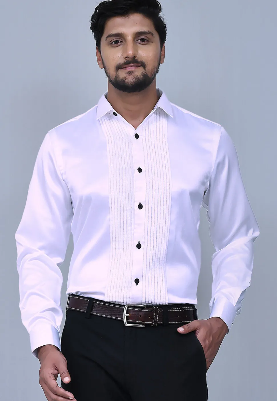 Pintucks Satin Shirt in White