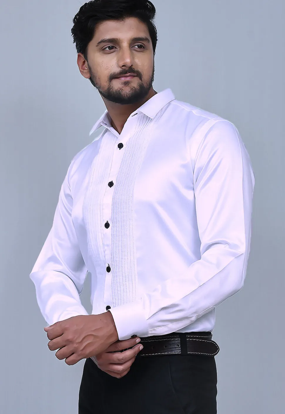 Pintucks Satin Shirt in White