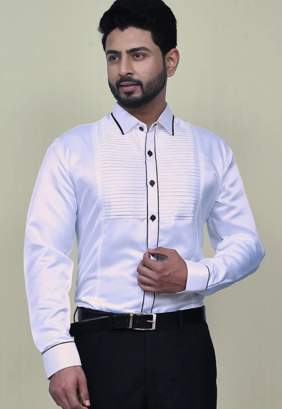 Pintucks Satin Shirt in White
