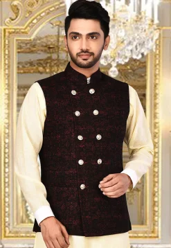 Plain Acrylic Cotton Nehru Jacket in Black and Maroon