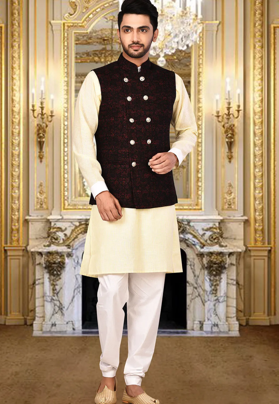 Plain Acrylic Cotton Nehru Jacket in Black and Maroon