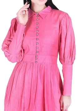 Plain Art Silk A Line Dress in Pink