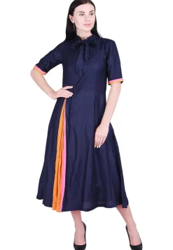 Plain Art Silk A Line Dress in Navy Blue