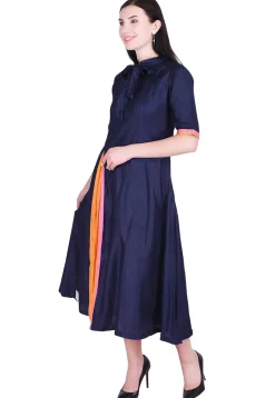 Plain Art Silk A Line Dress in Navy Blue