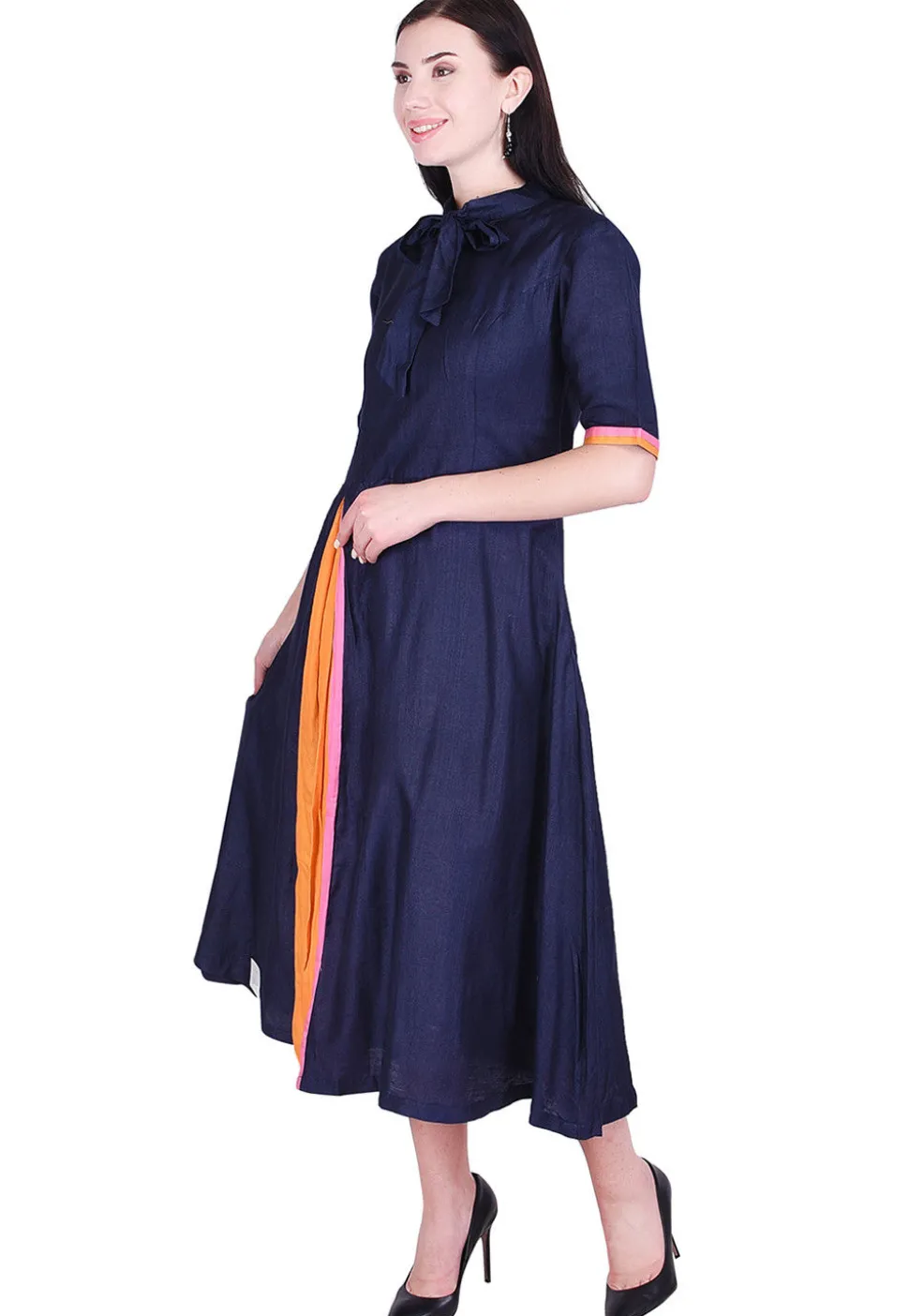 Plain Art Silk A Line Dress in Navy Blue